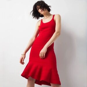 WHBM FORME Flamenco Red Ribbed Flounce Midi Dress